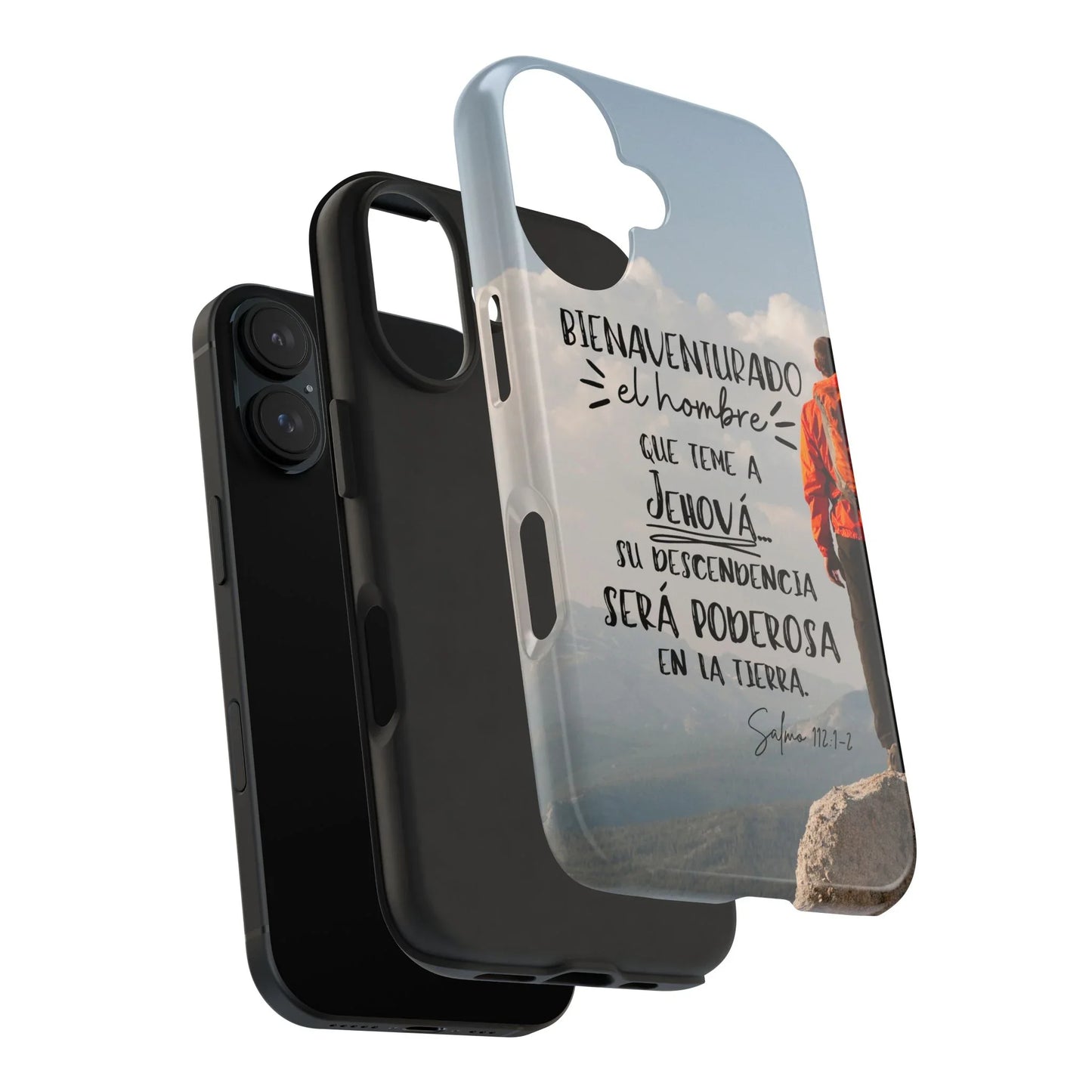Christian phone case with Spanish Bible verse, mountain background, and hiker illustration