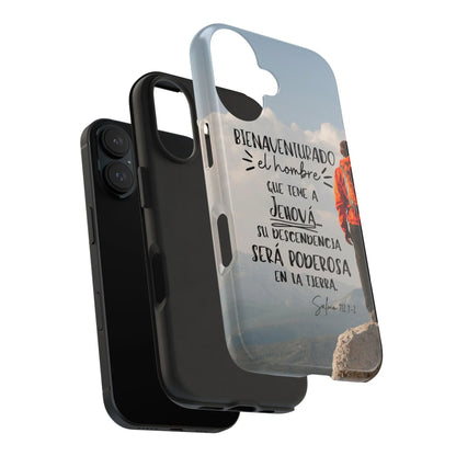 Christian phone case with Spanish Bible verse, mountain background, and hiker illustration