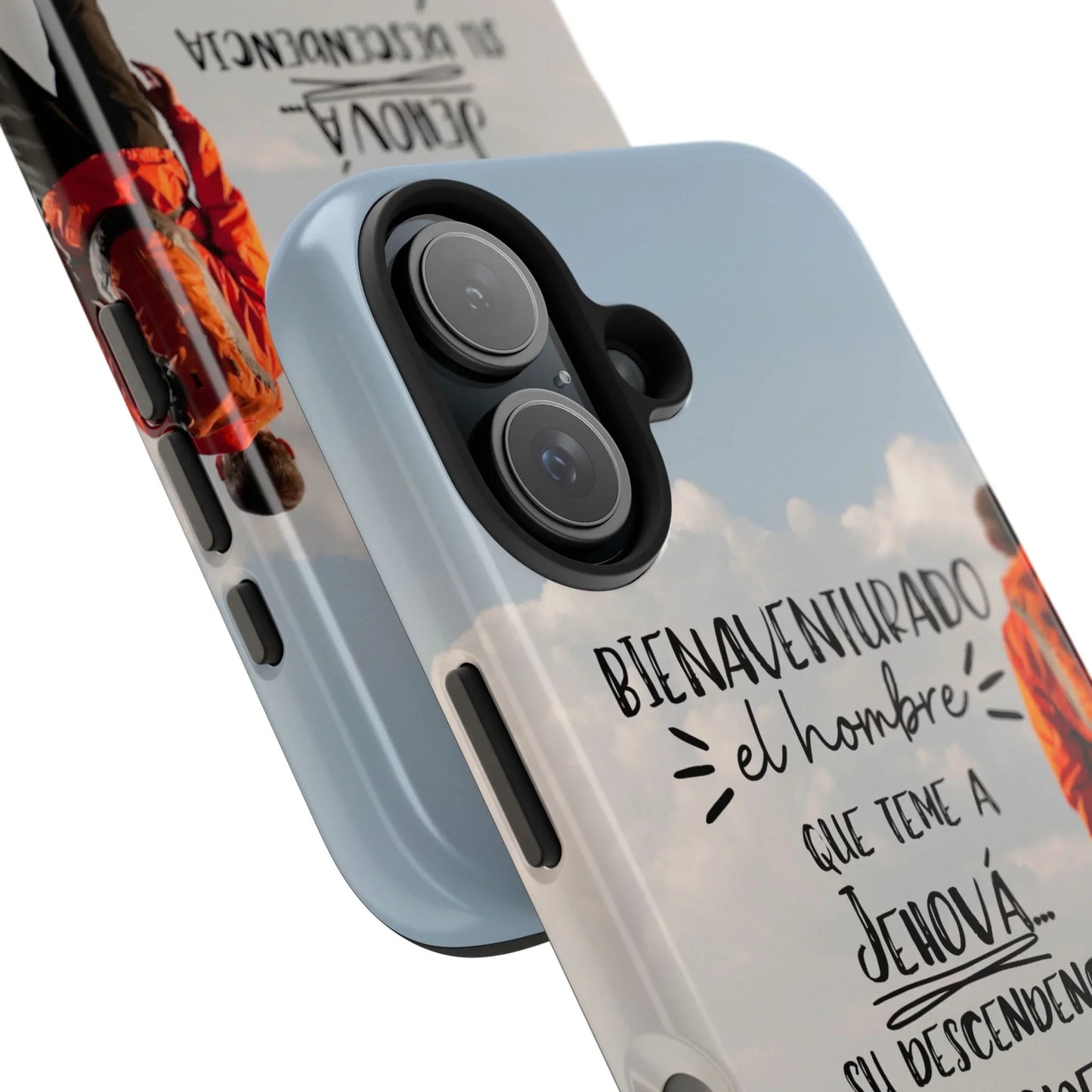 Christian phone case with Spanish Bible verse, clouds, and person in orange jacket
