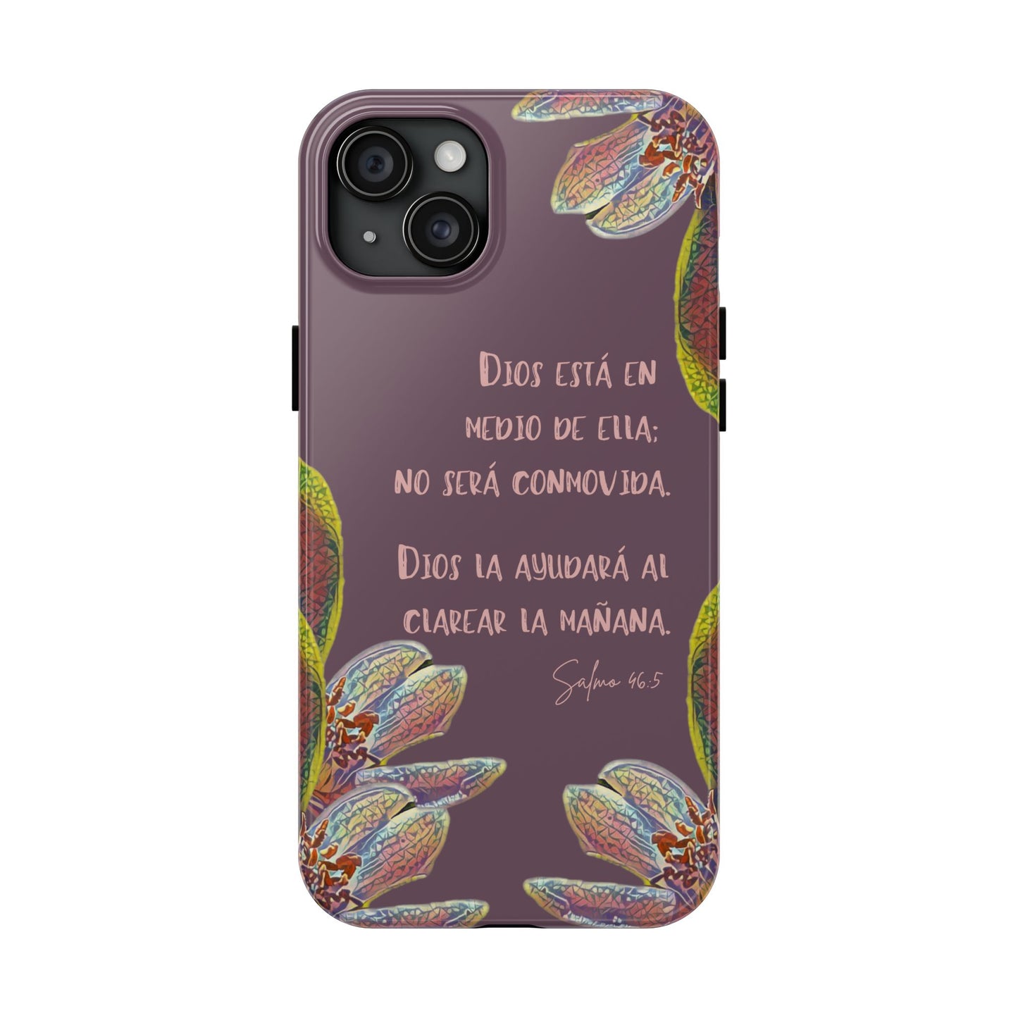 Purple Christian phone case with floral design and Psalm 46:5 scripture in Spanish.