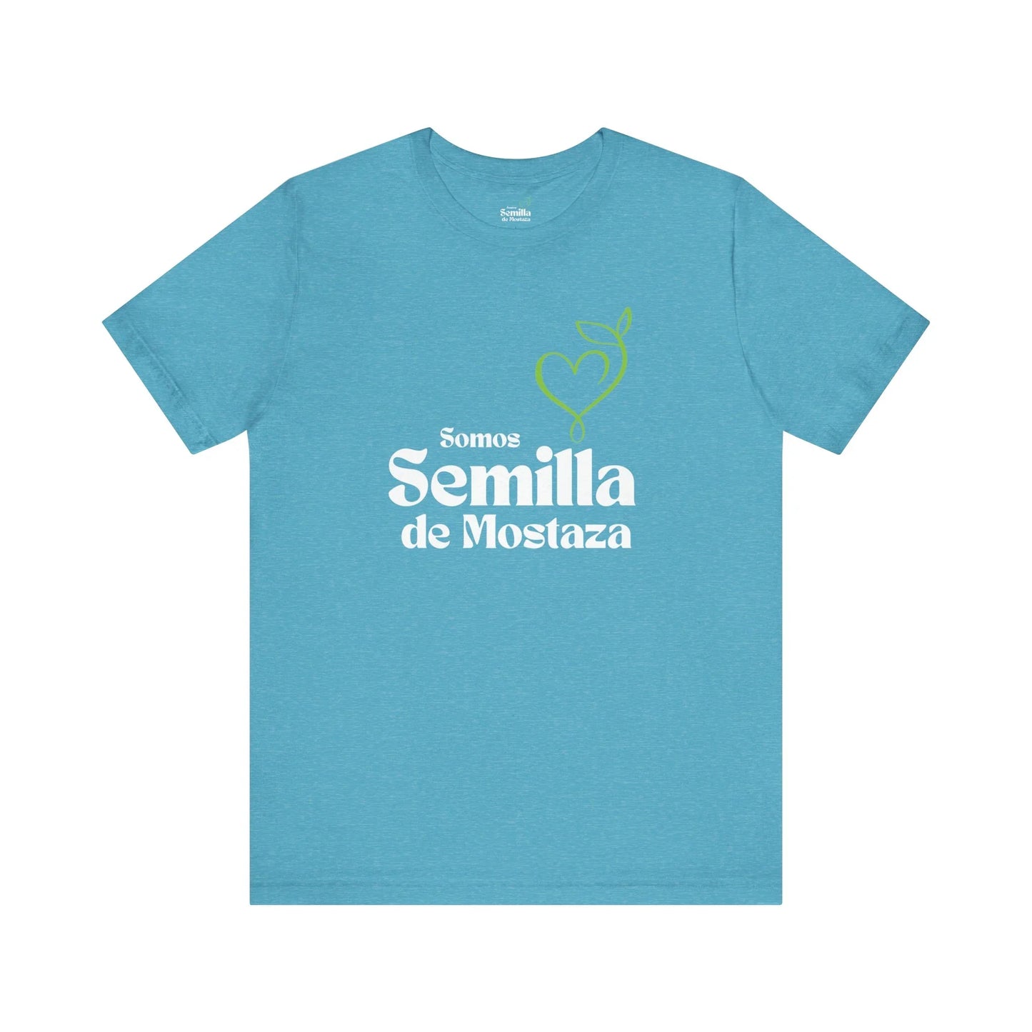 Blue Christian t-shirt with 'Somos Semilla de Mostaza' text and green heart sprout design