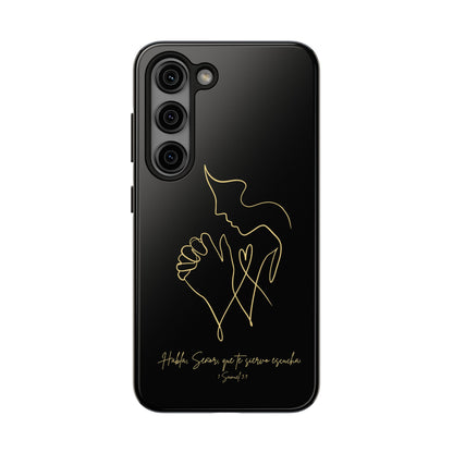 Black phone case with minimalist gold praying figure and Spanish Scripture design