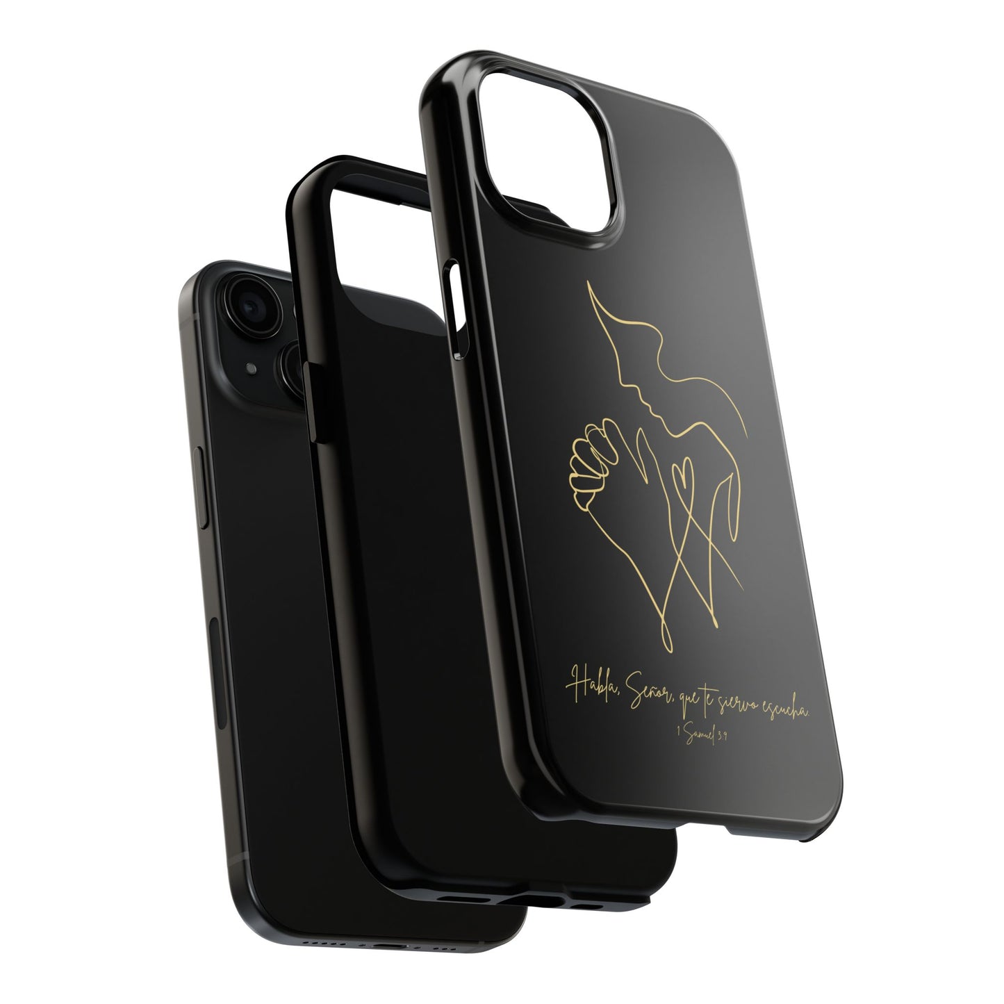 Black Christian phone case with minimalist gold line art and inspirational Spanish scripture.