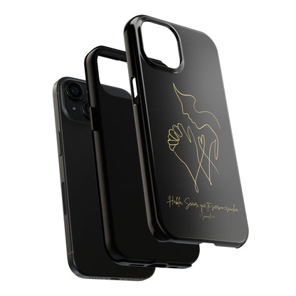 Black Christian phone case with minimalist gold line art and inspirational Spanish scripture.