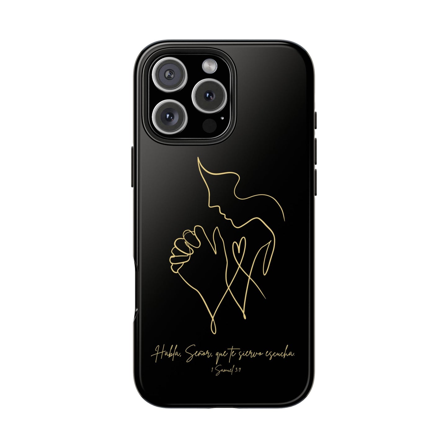 Black phone case with gold line art of praying hands, Christian quote in Spanish and scripture.