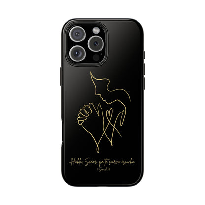 Black phone case with gold line art of praying hands, Christian quote in Spanish and scripture.