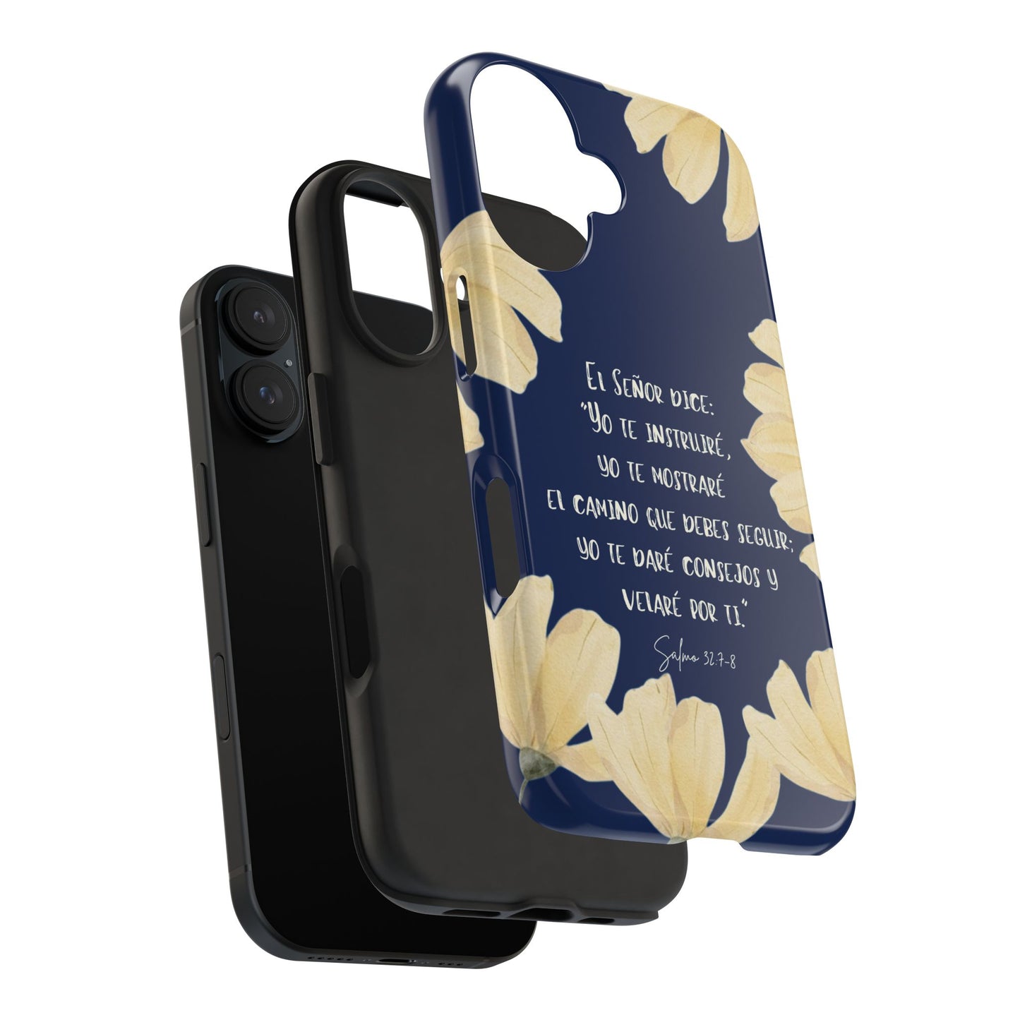 Phone case with yellow flowers and Spanish Bible verse on dark blue background