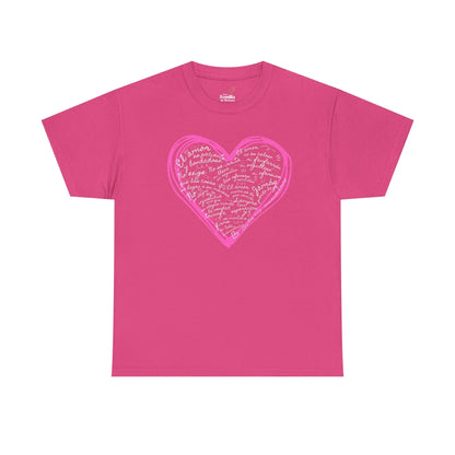 Pink Christian t-shirt with heart design and Spanish inspirational text for women