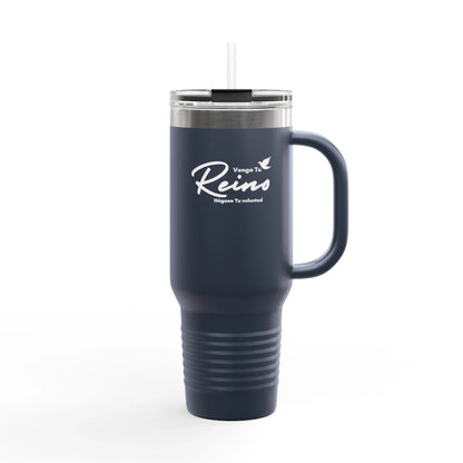 Navy blue Christian travel mug with handle, lid, straw, and Spanish faith phrase design.