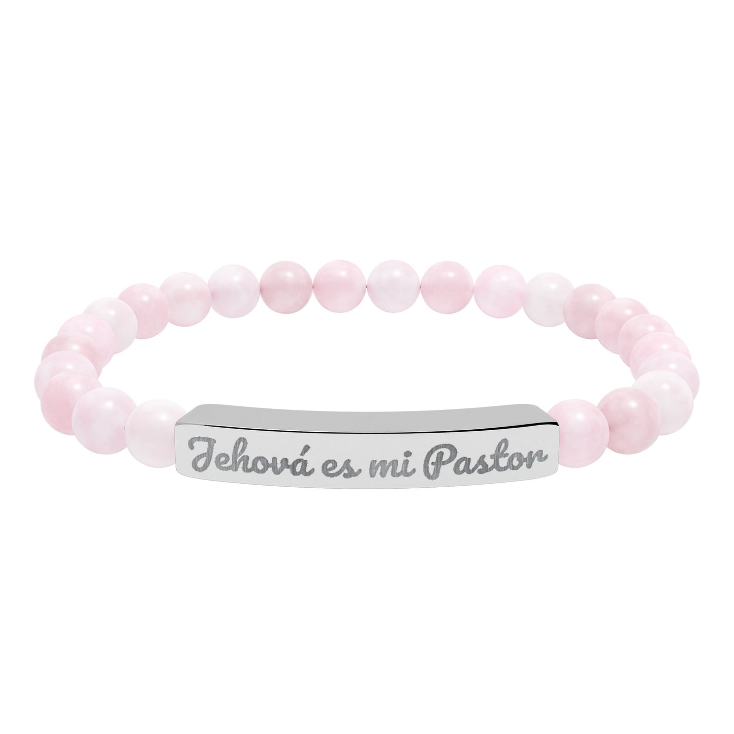 Pink beaded Christian bracelet with silver plate engraved Jehová es mi Pastor