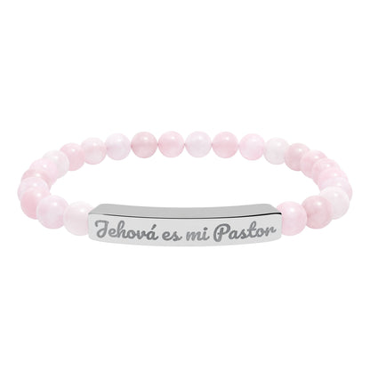 Pink beaded Christian bracelet with silver plate engraved Jehová es mi Pastor