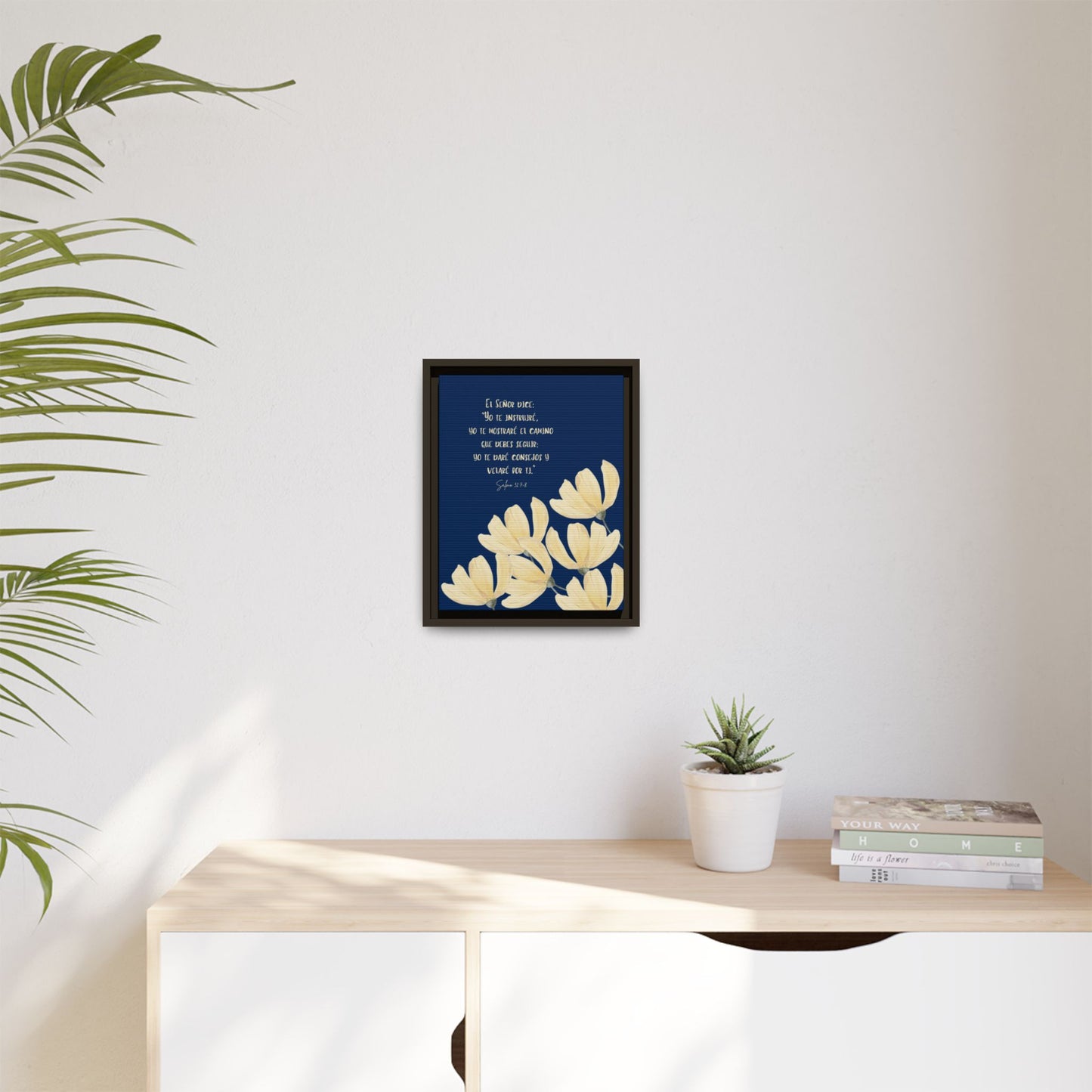 Christian floral wall art with Spanish scripture on blue background, modern home decor