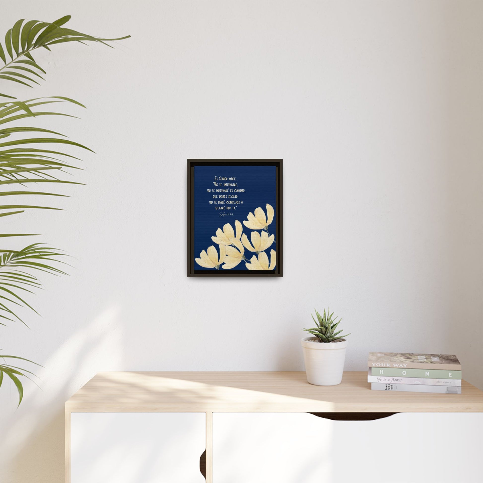 Christian floral wall art with Spanish scripture on blue background, modern home decor