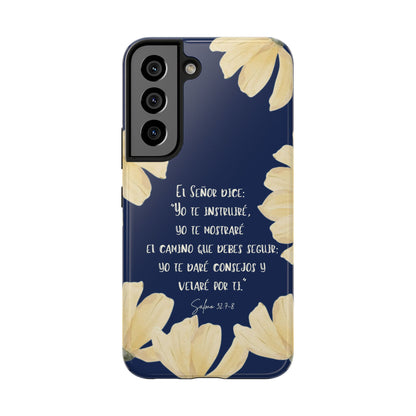 Navy blue Christian phone case with Spanish Bible verse and yellow flower design