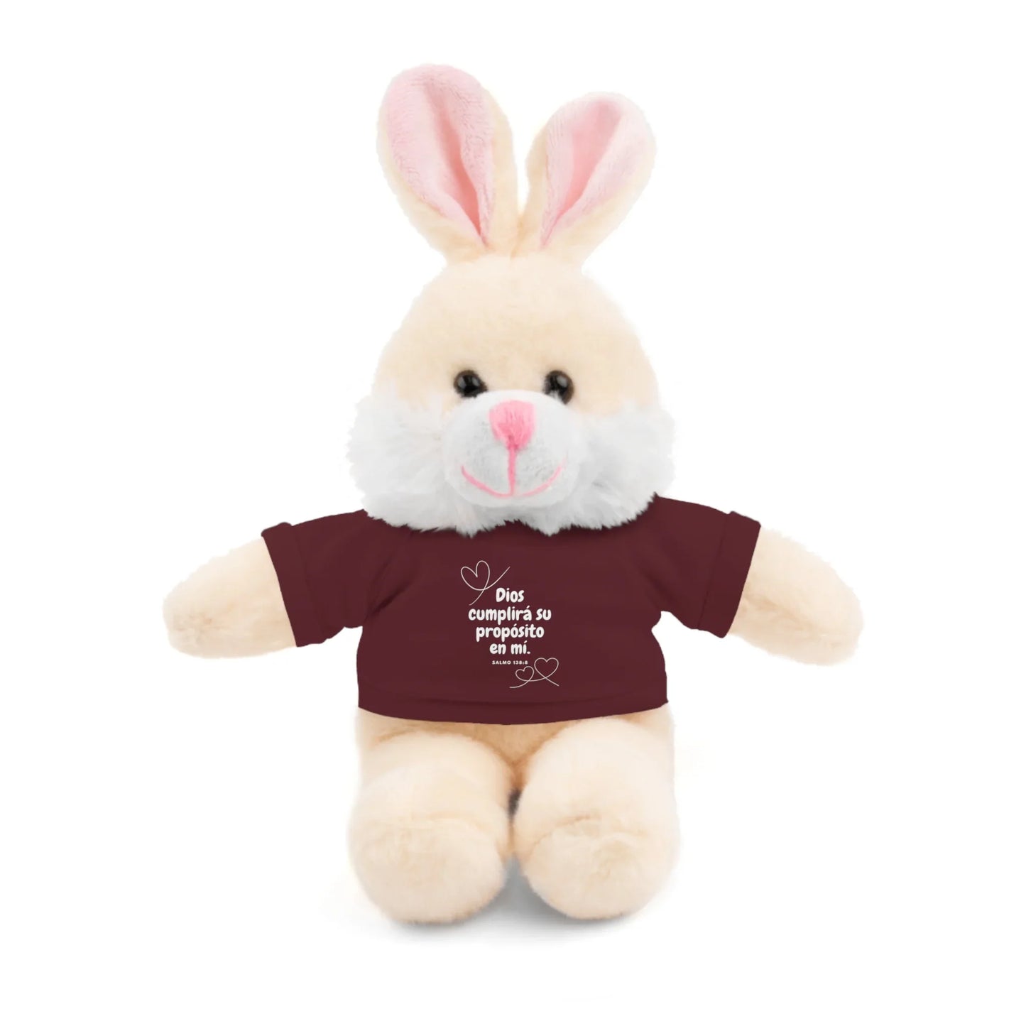Plush bunny toy with Christian message in Spanish on maroon shirt, faith gift idea