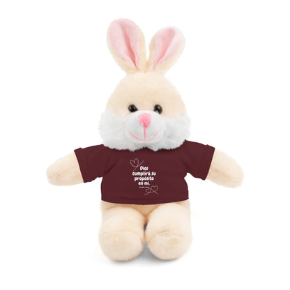 Plush bunny toy with Christian message in Spanish on maroon shirt, faith gift idea