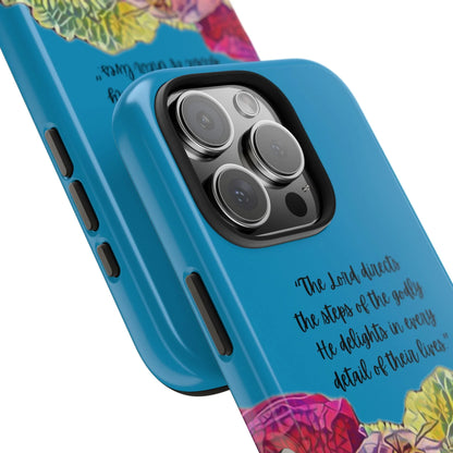 Blue Christian phone case with floral design and Scripture quote, modern faith accessory