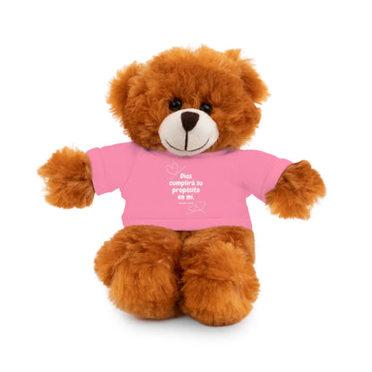 Brown teddy bear wearing pink shirt with Spanish inspirational Christian message and hearts