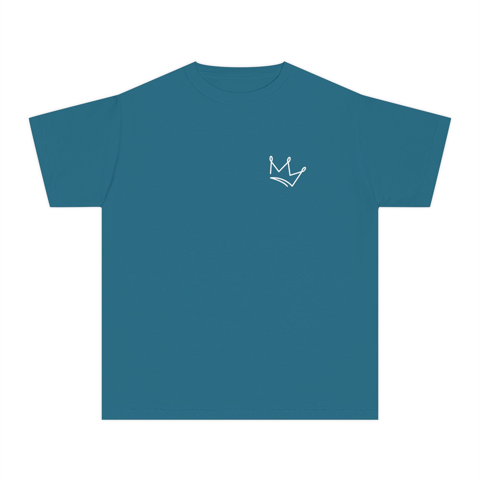 Blue Christian t-shirt with simple white crown graphic on chest