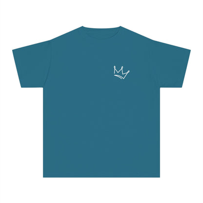 Blue Christian t-shirt with simple white crown graphic on chest
