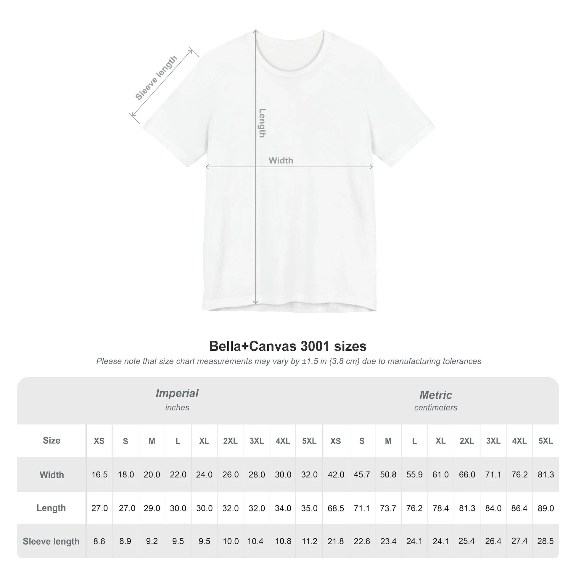 Bella+Canvas 3001 size chart with t-shirt measurement guide and sizing in inches and centimeters