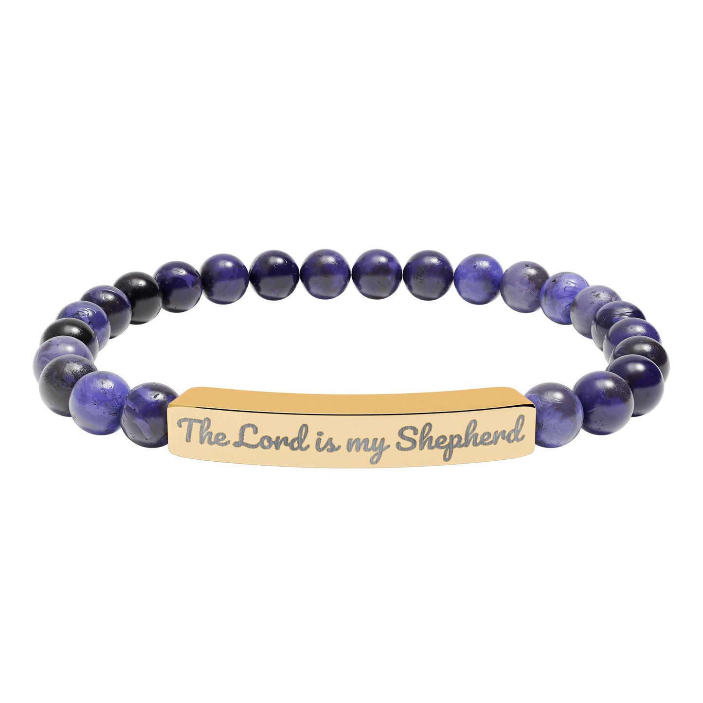 Christian bracelet with blue beads and gold bar engraved 'The Lord is my Shepherd'