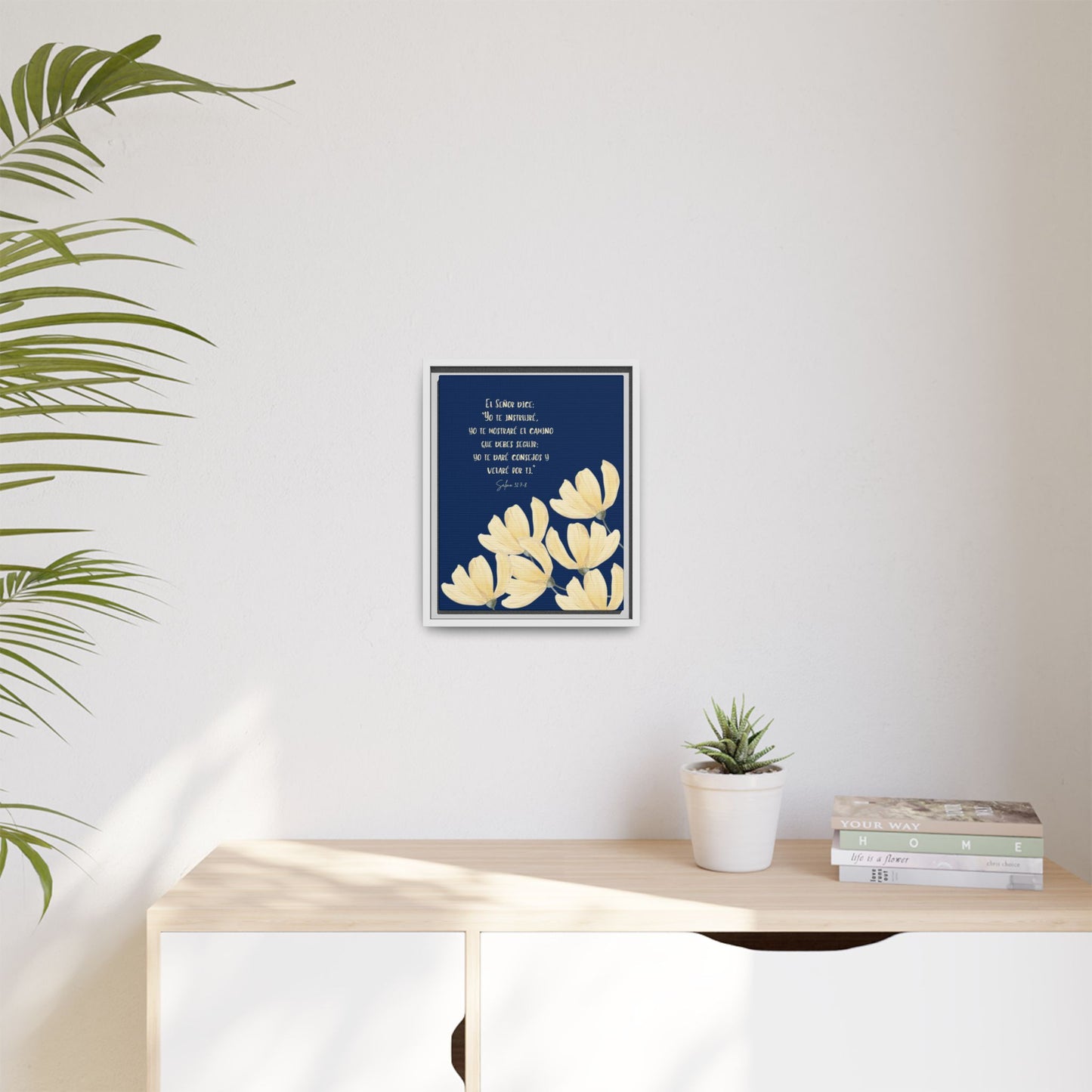 Minimalist decor with Christian wall art, yellow flower print, inspirational scripture