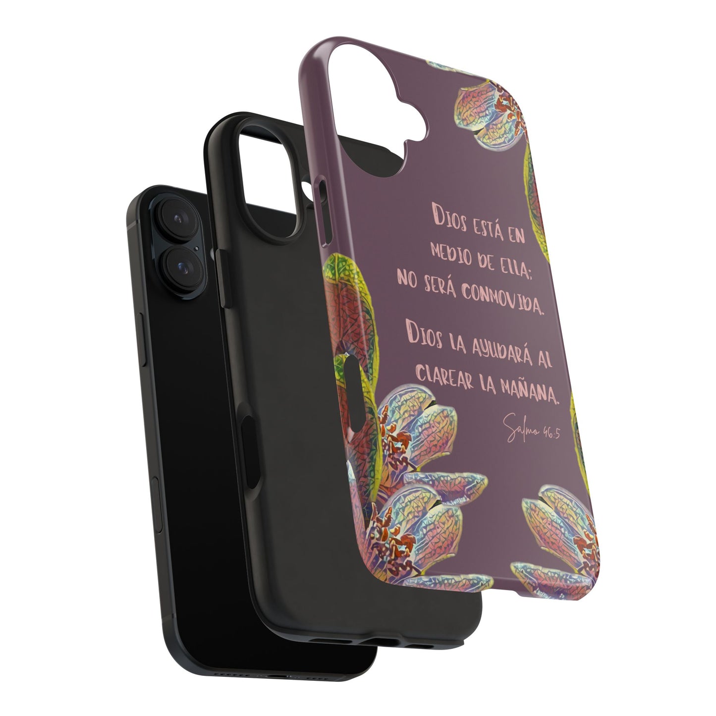 Spanish Christian floral phone case with inspiring Psalm 46:5 Bible verse