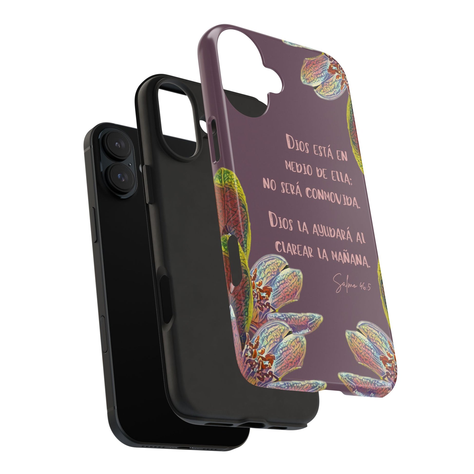 Spanish Christian floral phone case with inspiring Psalm 46:5 Bible verse