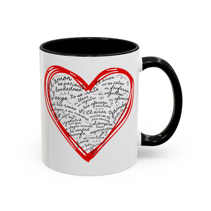 White ceramic mug with red heart and handwritten Spanish Christian quote, black handle
