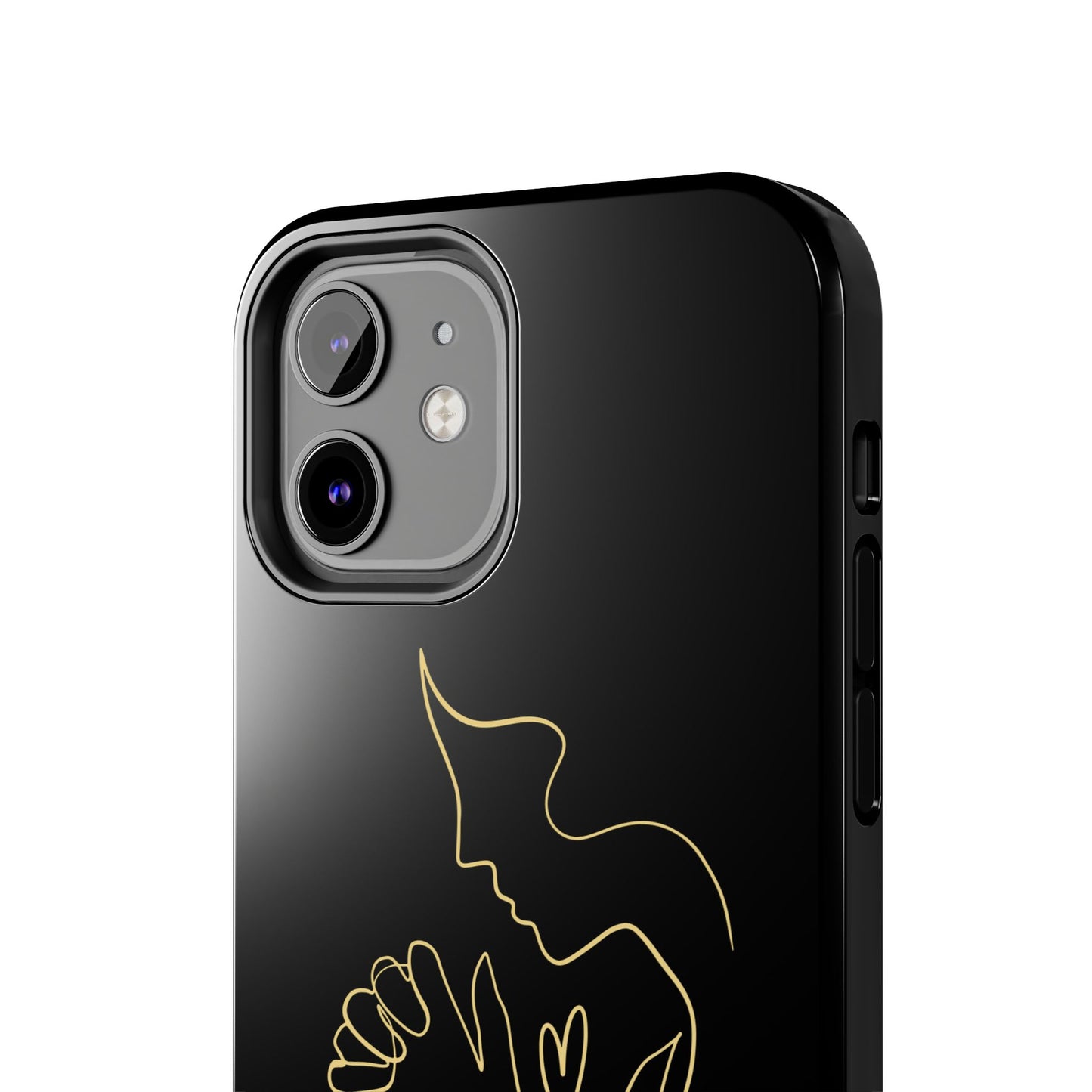 Black phone case with minimalist gold line art of praying person, modern Christian accessory