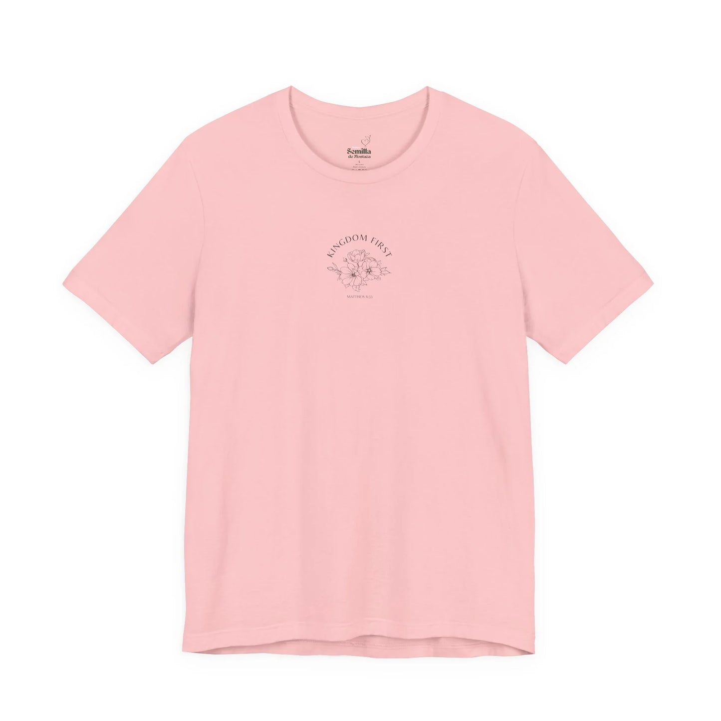 Pink Christian t-shirt with 'Kingdom First' text and floral line art design.