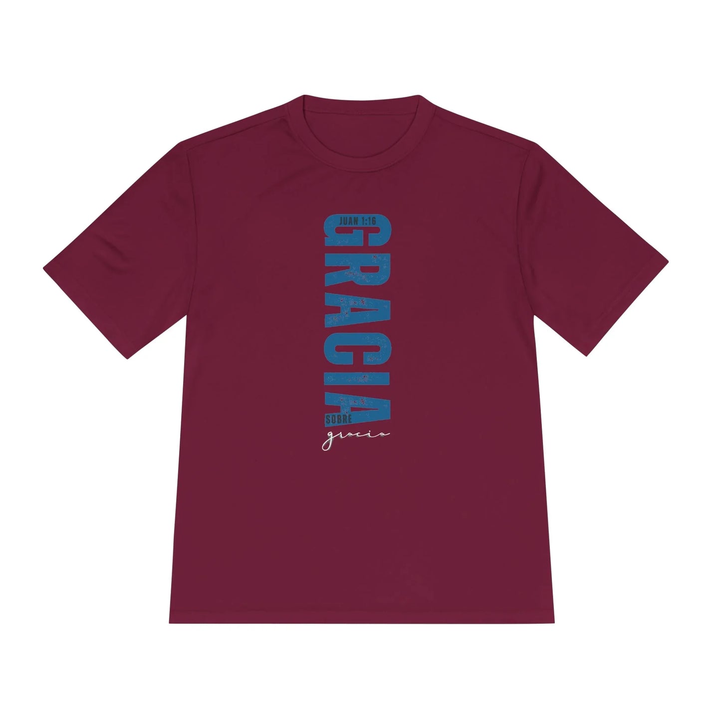 Burgundy Christian t-shirt with blue 'Gracia sobre gracia' and Juan 1:16 Scripture verse