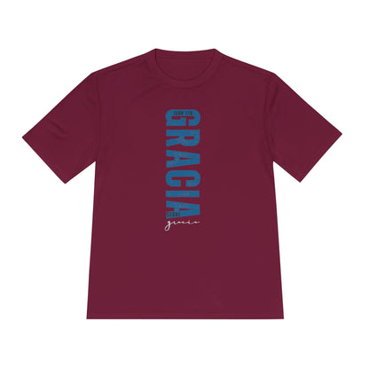 Burgundy Christian t-shirt with blue 'Gracia sobre gracia' and Juan 1:16 Scripture verse