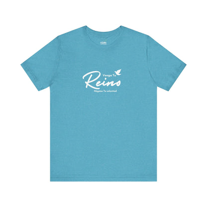 Blue Christian t-shirt with 'Venga Tu Reino' and white dove graphic, Spanish faith apparel
