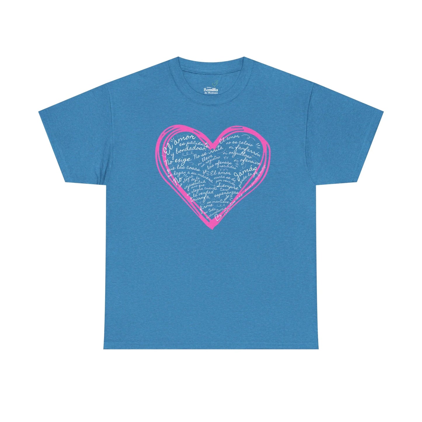 Blue Christian t-shirt with pink heart and Spanish faith-inspired lettering design