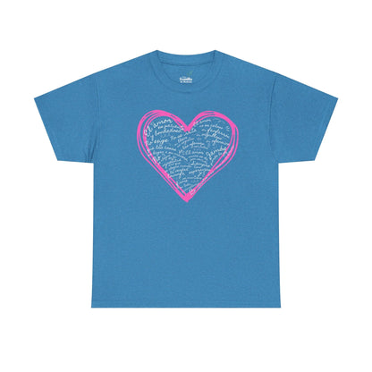 Blue Christian t-shirt with pink heart and Spanish faith-inspired lettering design