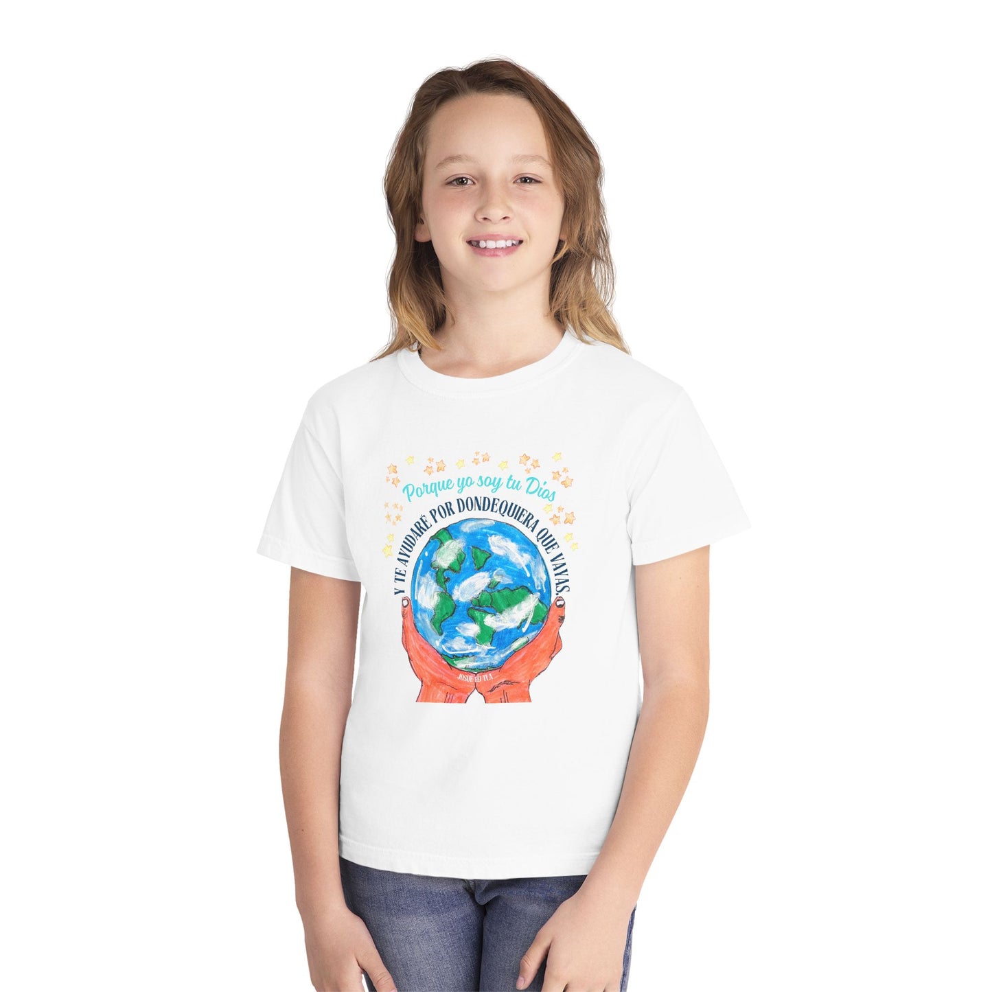 Child wearing Christian t-shirt with earth, hands, and Spanish faith quote, white background