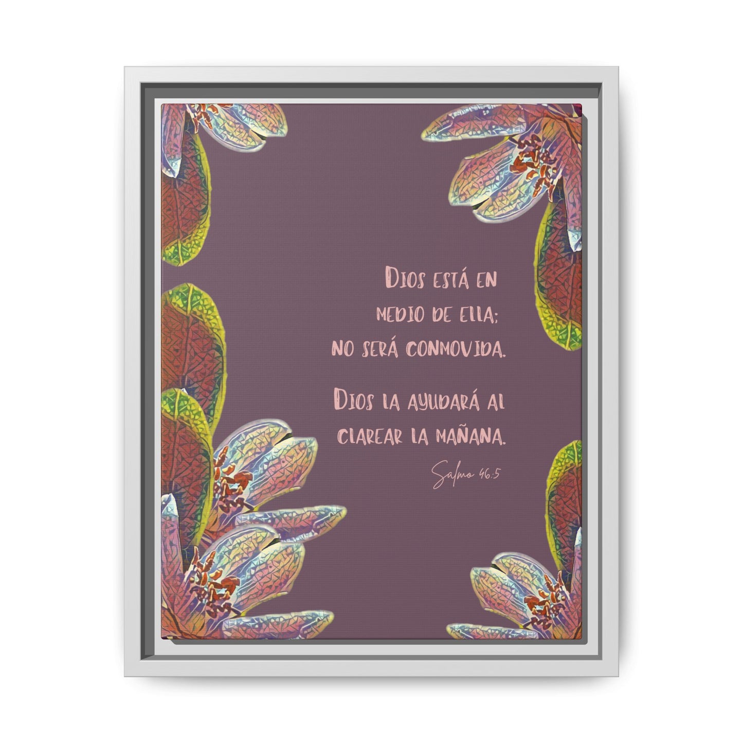 Framed wall art with Spanish Bible verse, botanical floral border on purple background.