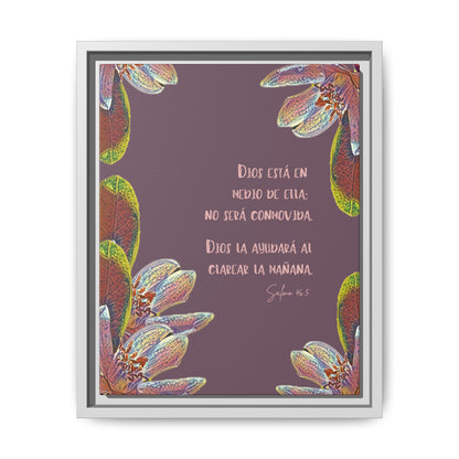 Framed wall art with Spanish Bible verse, botanical floral border on purple background.