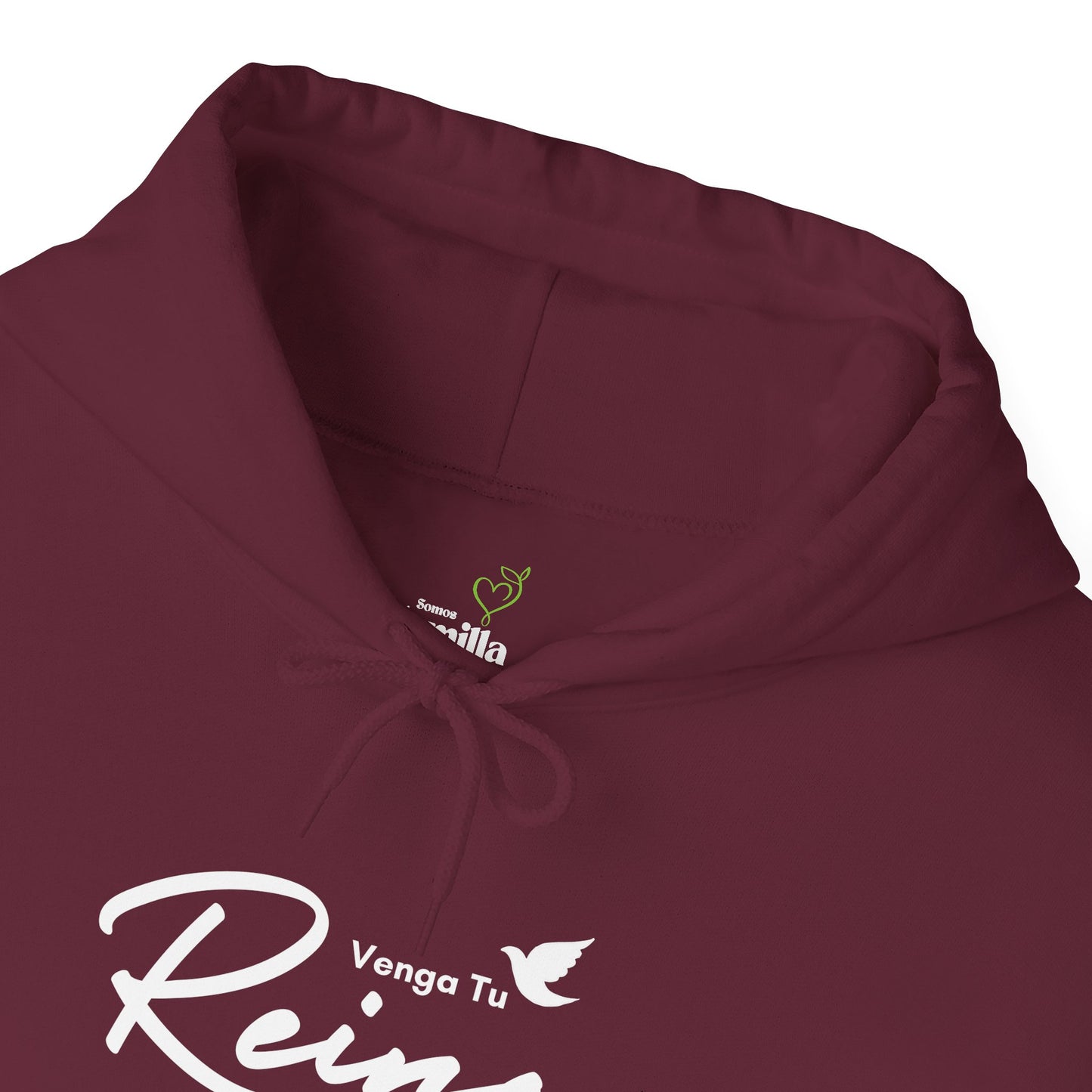 Maroon Christian hoodie with 'Venga Tu Reino' and white dove graphic on chest