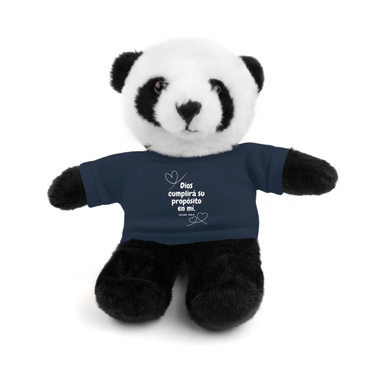 Plush panda bear wearing navy blue Christian t-shirt with Spanish faith quote and hearts