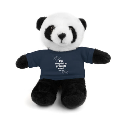 Plush panda bear wearing navy blue Christian t-shirt with Spanish faith quote and hearts