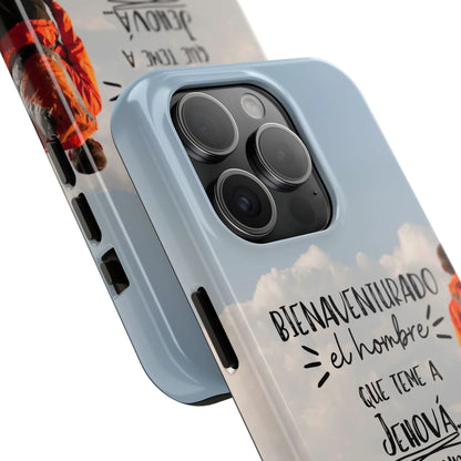 Christian phone case with Spanish scripture, clouds background and hiking person design