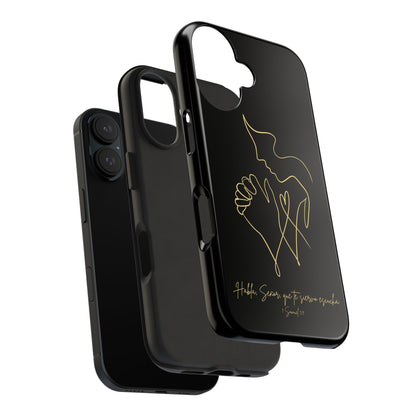 Black iPhone case with minimalist gold dove and praying hands art, faith quote in Spanish