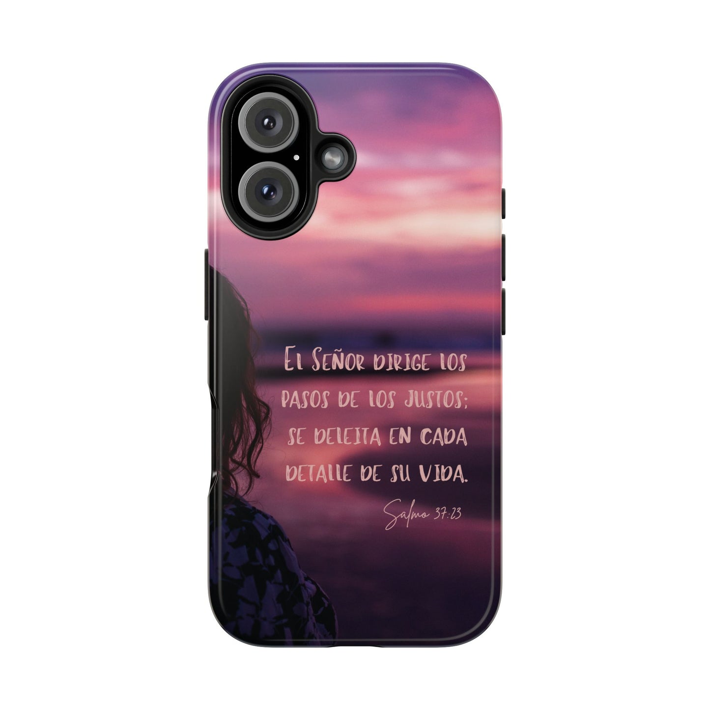 Christian phone case with Psalm 37:23 in Spanish, sunset background, faith-inspired design