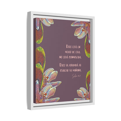 Framed Christian wall art in Spanish with Psalm 46:5, floral border, purple background
