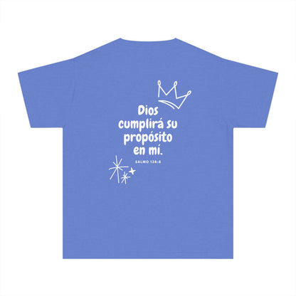 Blue Christian t-shirt with Spanish Bible verse Salmo 138:8, crown and stars design.