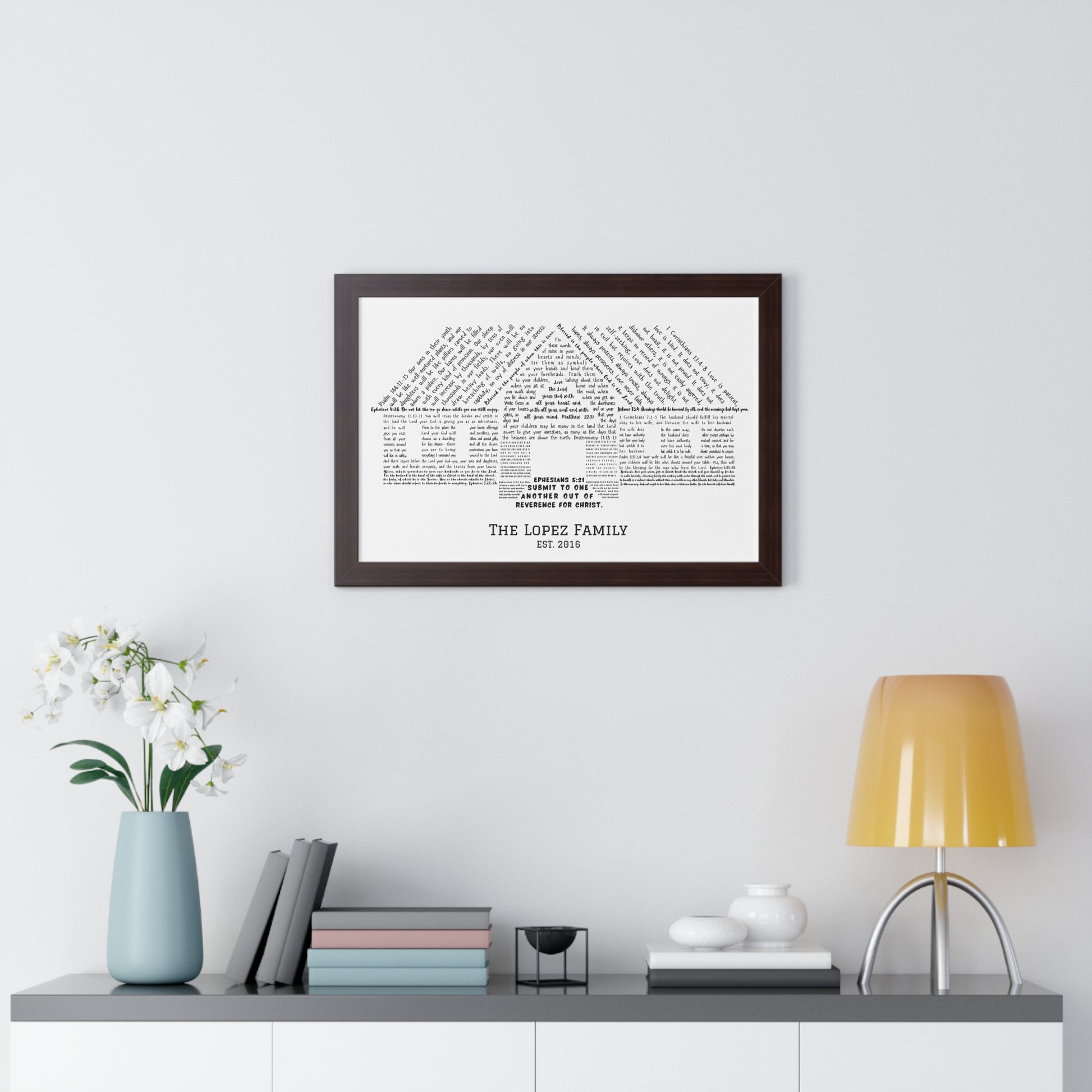 Christian family house print art in black frame on modern white wall with home décor.