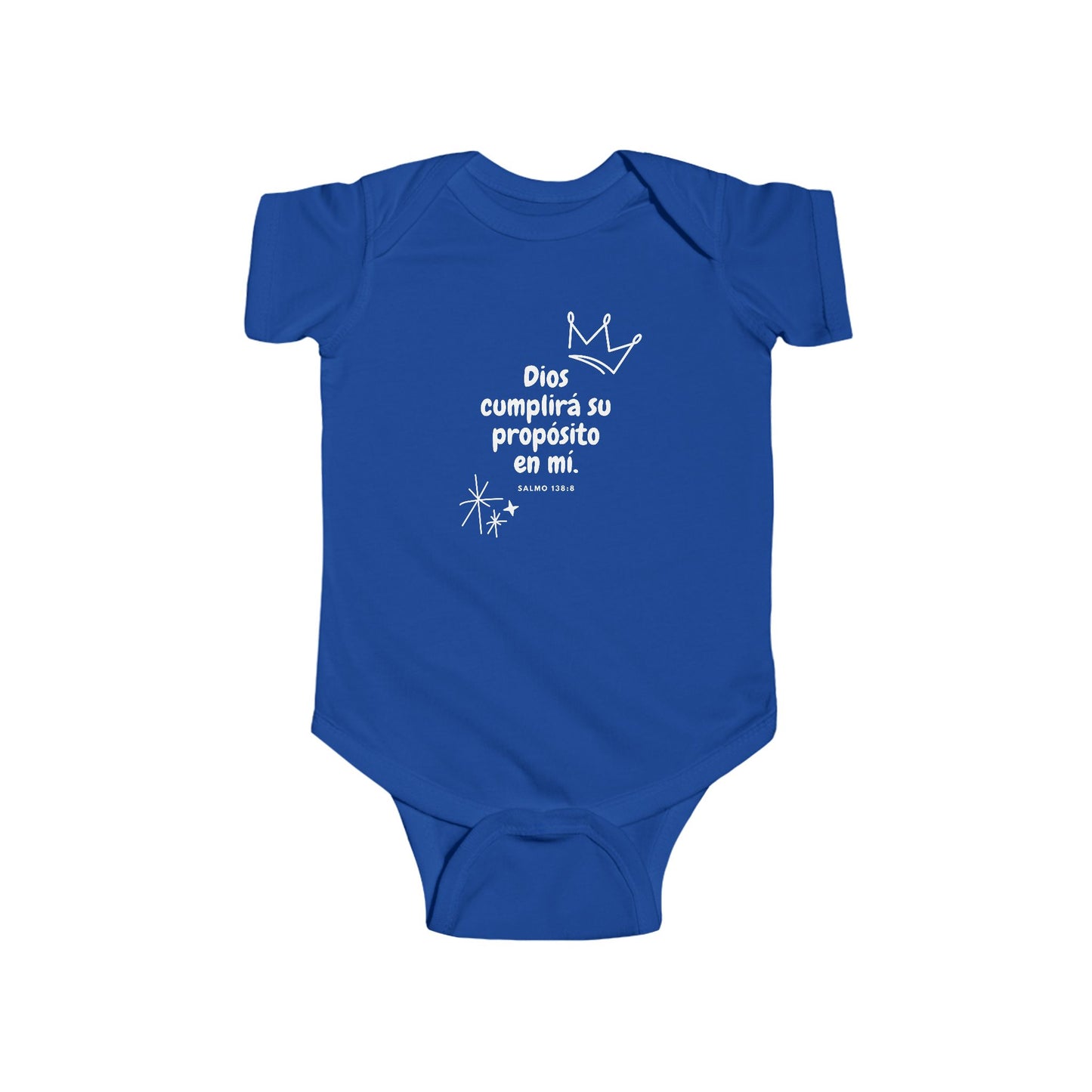 Blue Christian baby onesie with Spanish Bible verse and crown illustration, faith apparel